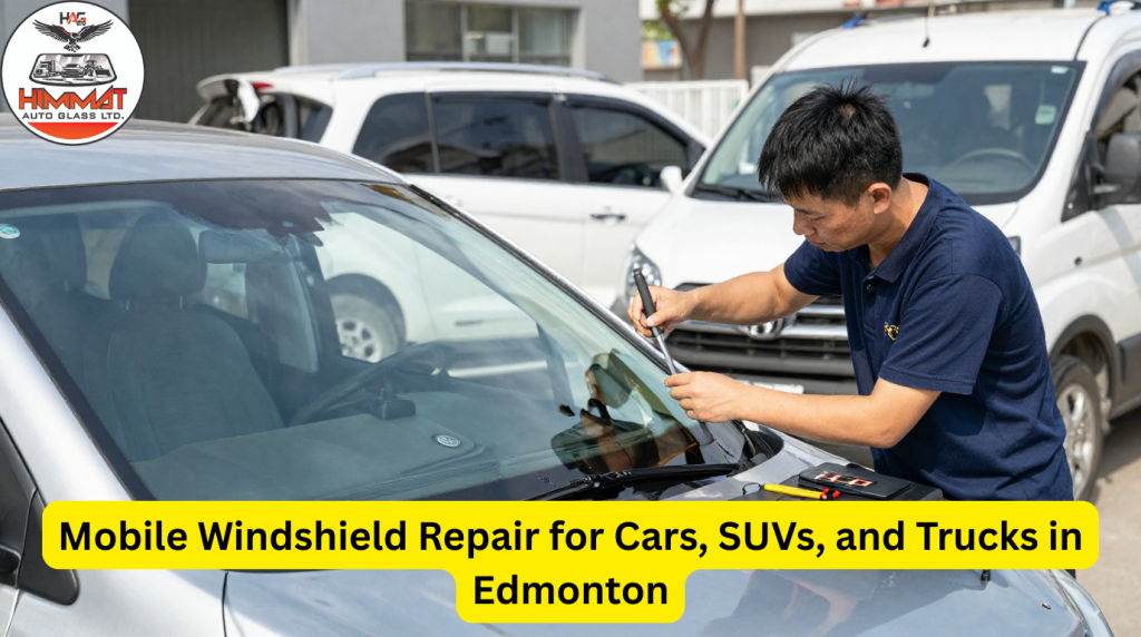 Mobile windshield repair technician fixing a cracked windshield on a car in Edmonton